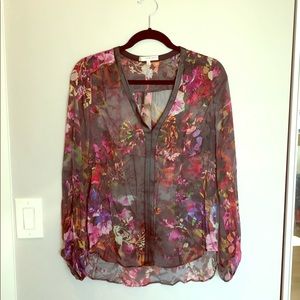 Lavender Brown silk sheer blouse with leather trim